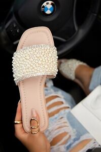 New Women's Jeweled Rhinestone Pearl Slide Flat Jelly Sandal Flip Flops Open Toe