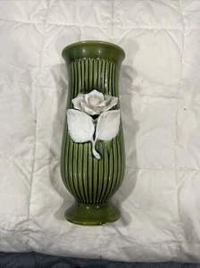 Vintage E O Brody Green Striped Ceramic Pottery Vase Rose Capodimonte Style 1197 - Picture 1 of 4
