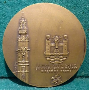 TOWER OF CLÉRIGOS, PORTO COAT OF ARMS / BOOKSTORE 80mm 1974 BRONZE MEDAL - Picture 1 of 5