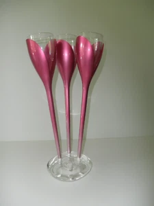 MOET&CHANDON~SET of 3 CHAMPAGNE TULIP FLUTERS PINK ROSE METALLIC GLASSES + BASE - Picture 1 of 9