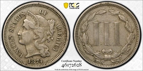 1874 PCGS VF25 | Three Cent Nickel - 3c US Coin #40869A Cover