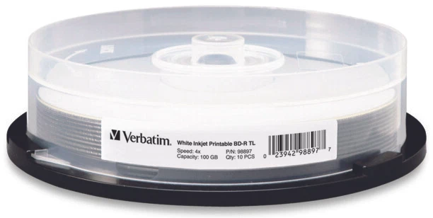 Verbatim 100GB WHITE INKJET HUB Triple Layer 4X Blu-ray BD-R XL 10-Pak, #98897 - Image 1 of 1