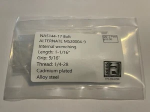 NAS144-17(Alt #: MS20004-9), Internal Wrenching Bolt, 2/pk, New Surplus - Bild 1 von 3