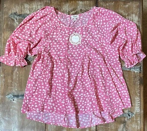 Umgee M-Tierdruck Süßigkeiten PINK Babydoll Top 3/4 Ärmel Tunika-Schaufel Ausschnitt Hi Low - Bild 1 von 16