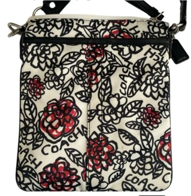 Floral COACH POPPY Graffiti Sateen Patent Crossbody Bag Purse Black&White NWT - Image 1 of 4