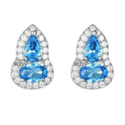 925 Sterling Silver 4x6mm Aquamarine Sapphire 1/2'' Halo Earrings Gemstone - Image 1 of 2