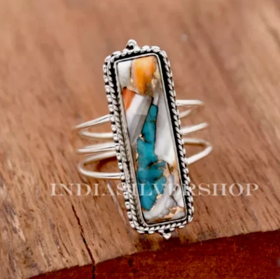 Banda de cóctel de plata esterlina turquesa cobre ostra hecha a mano joyería de plata Foto 1 de 4