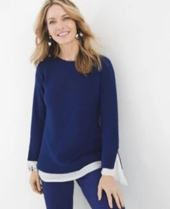Neu mit Etikett Chicos langer dunkelblauer Pullover Oberteil Gr. 0 Small neu weiß Bündchen Shirt Saum n68 - Bild 1 von 9