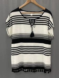 Fransen Quaste Tie Neck Top Christopher & Banks Gr. XL schwarz gestreift Hippie Boho - Bild 1 von 17