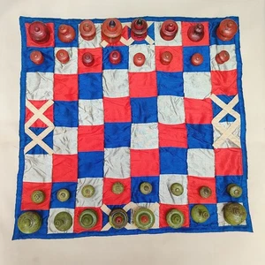 Vintage Indian Cloth base Game Chess with 32 piece Wooden Dices Collectible. - Picture 1 of 24