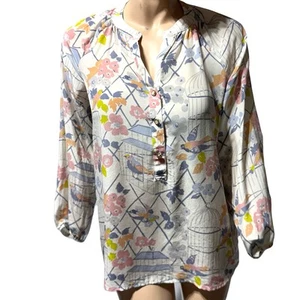 Spartina 449 Cora 100% Silk Blouse Women’s Size M Birds Birdcage Floral Pastel - Picture 1 of 15