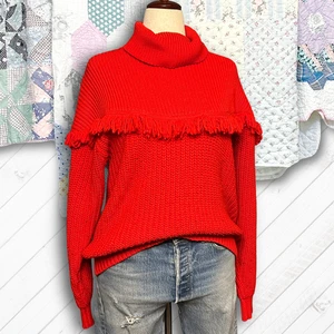 Vintage 90s Cherokee Red Western Boho Fringe Chunky Knit Pullover Sweater Size M - Foto 1 di 12