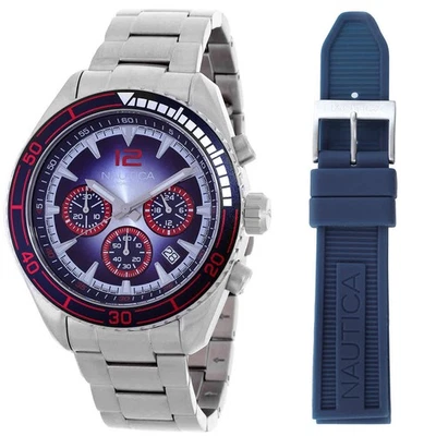 Juego de caja de reloj para hombre Nautica Key Biscane cronógrafo cuarzo esfera azul NAPKBF302 Foto 1 de 4