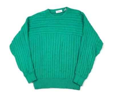复古 90 年代绿色电缆针织毛衣成人大号棉质套衫学院风经典  — 第 1/4 张图片