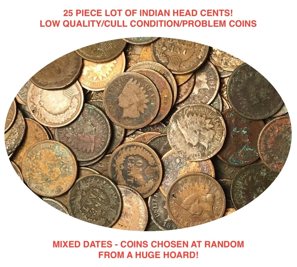 25 COIN LOT Indian Head Cent Pennies POOR  - CULLS - JUNK - PROBLEM COINS - Image 1 of 1