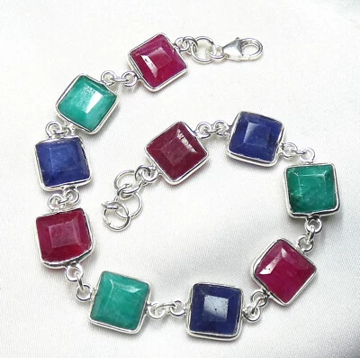 Armband 925 Silber facettierter, eckiger  Rubin, Smaragd, Saphir Unikat NEU - Bild 1 von 4