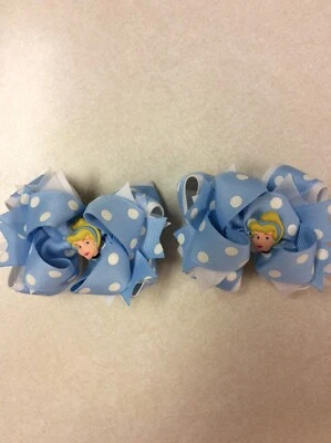 Custom Boutique Disney Princess Cinderella Baby Blue Polk A Dots Hair Bows - Image 1 of 2