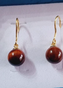 9ct Gold Tigers Eye Earrings Dangle Drop Gemstones Stamped 9CT WK Jewellery - Picture 1 of 11