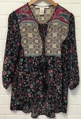 Blusa Campesina American Rag Cie Boho Negra Chifón Floral Manga 3/4 Top Talla S Pequeña Foto 1 de 4