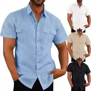 Men's Shirt Double Pocket Cotton Linen Short Sleeve Shirts for Men Casual - Picture 1 of 28