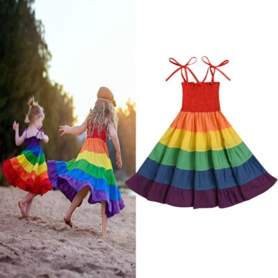 NEW Rainbow Girls Smocked Spaghetti Strap Twirl Dress 2-7 Years - Image 1 of 4