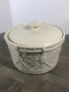 TAMBOR CROCK tejido de cerámica marfil Longaberger con tapa cesta tejido - Imagen 1 de 3