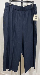 Women Linen Blend 1X Navy Blue Pants Anne Klein New NWT Wide Leg Cropped Pockets - Picture 1 of 6