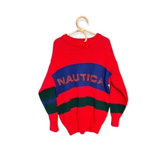 Vintage Nautica Boys Red 90s Y2K Tartan Plaid Logo Pullover Sweater Size 8 -10 - Picture 1 of 8