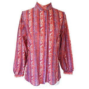 Vtg 80s Silky Poly Blouse Top Shirt Size 12 Red Blue High Neck Long Sleeve Retro - Picture 1 of 9