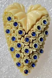 Vintage Antique Blue Rhinestones Floral Old Plastic Made In USA Fur Dress Clip - Picture 1 of 8
