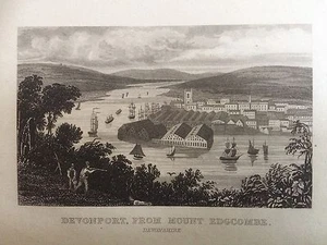 c.1845 Antique Print;  Devonport from Mount Edgecumbe - Picture 1 of 2