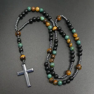 Schwarzer Obsidian Tigerauge Afrikanischer Türkis Schwarz Hämatit Kreuz Rosenkranz Halskette - Bild 1 von 7