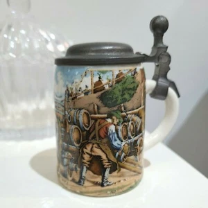 Rare Vintage Miniature German Zinn Lidded Beer Stein Pewter Lid Horses & Kegs - Imagen 1 de 11
