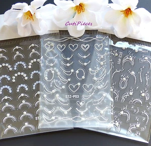 Nail Art Sticker 3D Pearl White Beads Ivory Curved Bead Chain Dot Heart Stickers - Picture 1 of 11