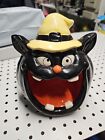 Vintage Large Black Cat Head Big Mouth Ceramic Candy Holder Halloween Decor