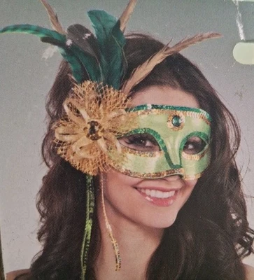 Woodland Fairy Mask Green Sequin Feather Costume Masquerade NWT - Image 1 of 2