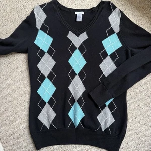 Vintage IZOD Golf Argyle V-Neck Sweater Size M Preppy Academia 90s Black Teal - Bild 1 von 6