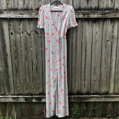 Flynn Skye Celeste Maxi Wrap Dress Size S Striped Floral Gray White Red Plunge - Image 1 of 4