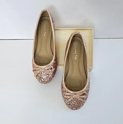 Zapatos de vestir planos brillantes con lazo Lucky Top para niñas bailarina sin cordones oro rosa talla 1 Foto 1 de 4