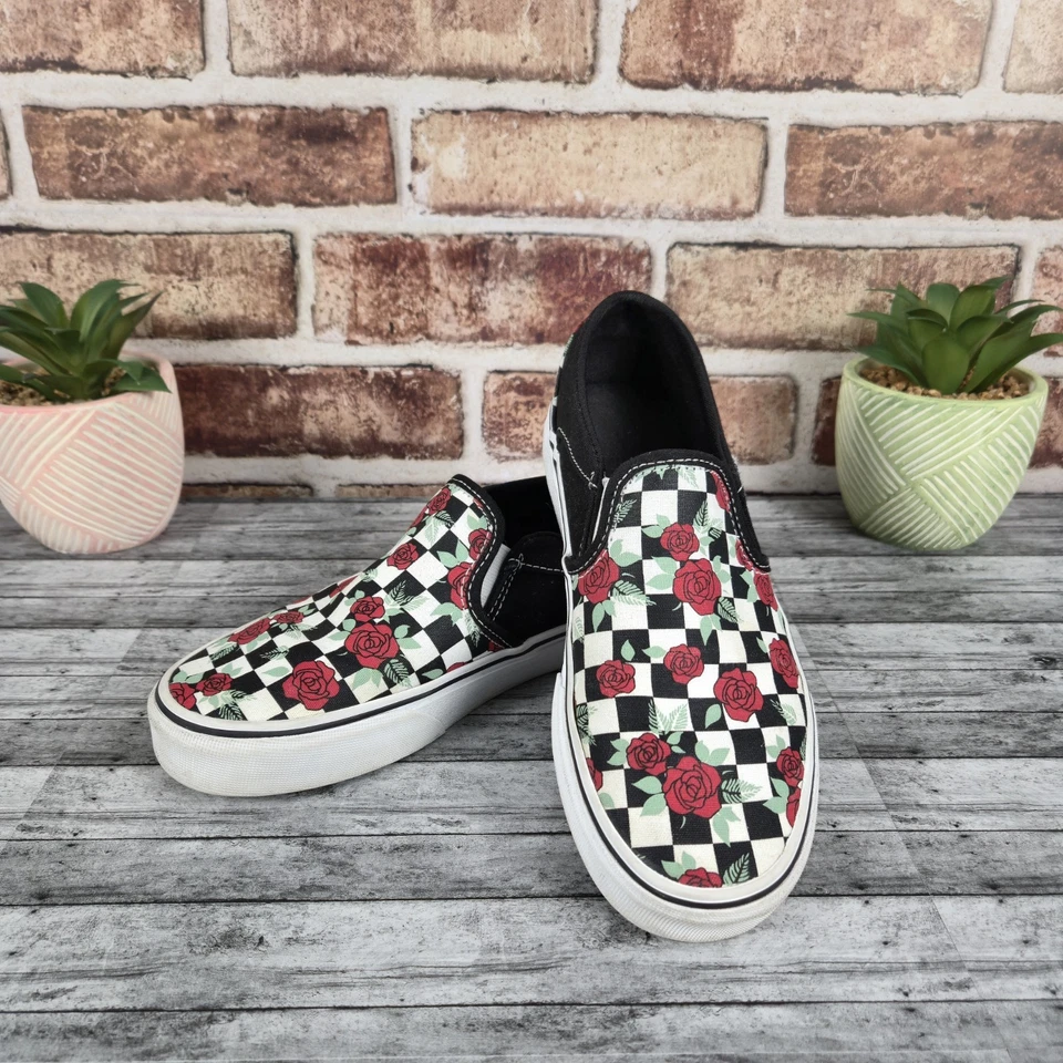 Vans Women's Asher Off the Wall Slip On Shoes Black & White Checkerboard w/Roses - Image 1 of 4