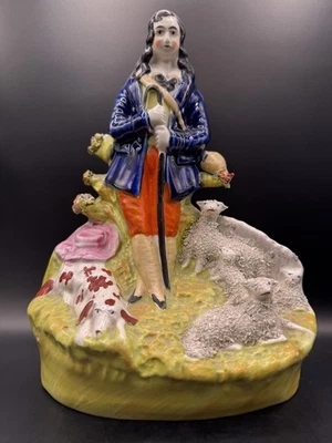 Antigua cerámica inglesa Staffordshire, pintada a mano. Sheppard con 4 ovejas y perro Foto 1 de 4