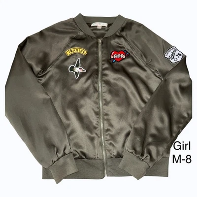 Chaqueta Bomber Niña Verde Oliva Satinado con Parches Talla M Foto 1 de 4