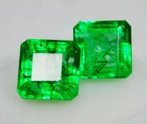 Emerald Cut Natural Loose Gemstone 14 Ct Colombian Green Emerald Certified Pair - Picture 1 of 5