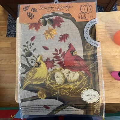 Bandera de jardín arpillera boutique nueva en plástico 18” X 12,5” otoño pájaros en nido arpillera Foto 1 de 3