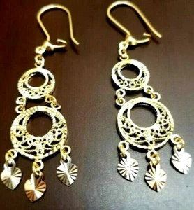 GOLD Chandelier Earring 14k heart Solid Real Tri Gypsy Filigree Long dangle - Picture 1 of 11