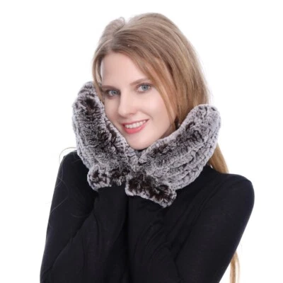 Real Rex Rabbit Fur Gloves Winter Mittens Double-sided Knitted High Elastic - Image 1 of 4