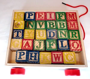 Classic Wooden ABC123 Block Wagon with pull-string  Toddler Toy, 29 Blocks - Picture 1 of 6