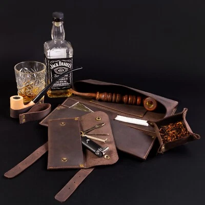 Churchwarden Pipe Pouch Leather Tool Roll Up Tobacco Smoking Case Tamper Holder - Image 1 of 4