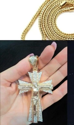Collar Cruz Hip Hop Jesús Cristal Oro Colgante 30' Franco Cadena Manos Rezando Foto 1 de 2