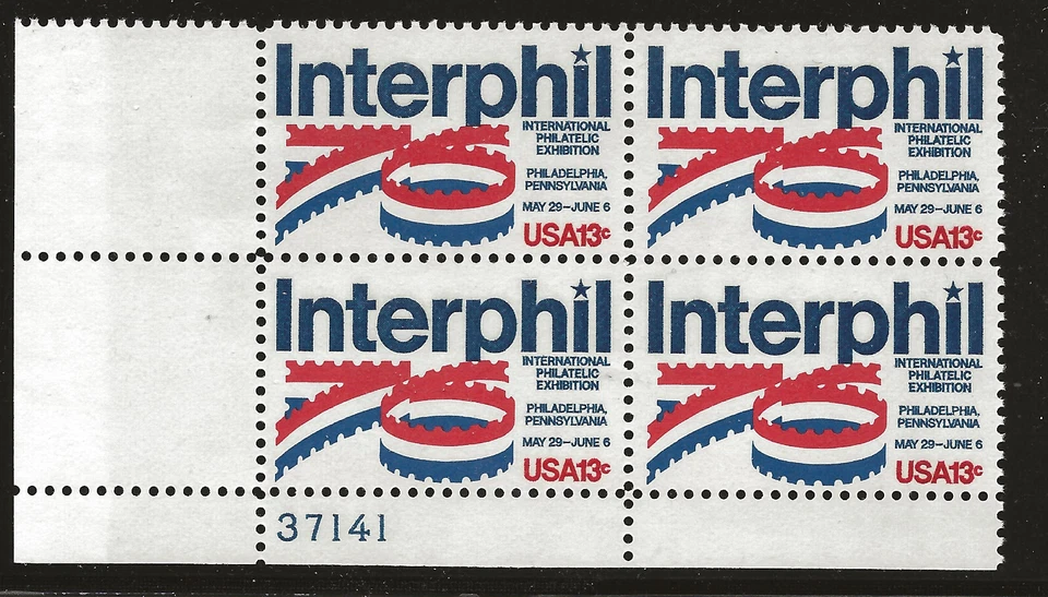 US Scott #1632, Plate Block #37141 1976 Interphil 13c FVF MNH Lower Left - Image 1 of 1